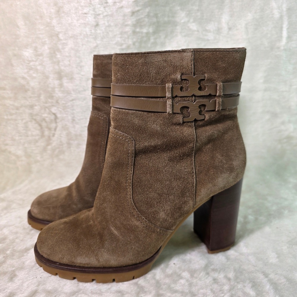 Tory Burch Suede Ankle Boots Booties Lug Sole Brown Logo Women 7.5 Excellent